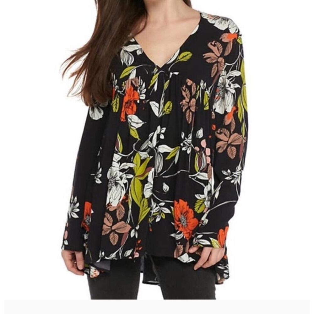 FREE PEOPLE Womens Bella Black Whimigoth Floral Print Oversized BohoTop